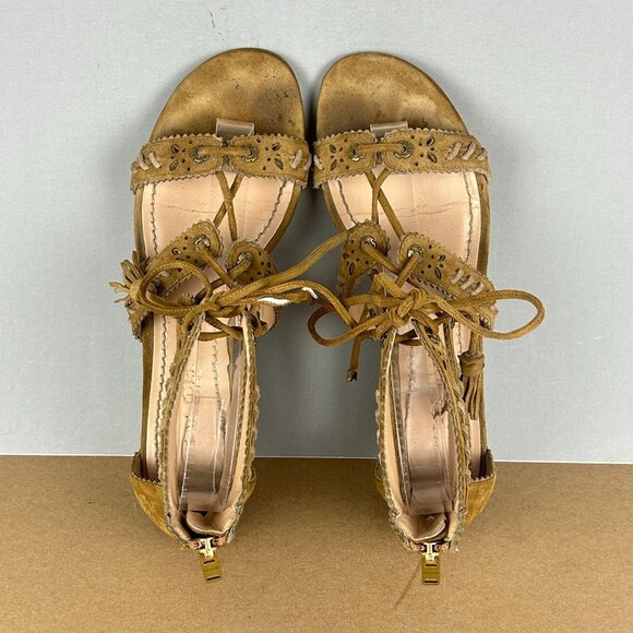Coach Via Demi Wedge Sandals Tassel Lace Up Womens 8.5 Tan Leather - Picture 9 of 10